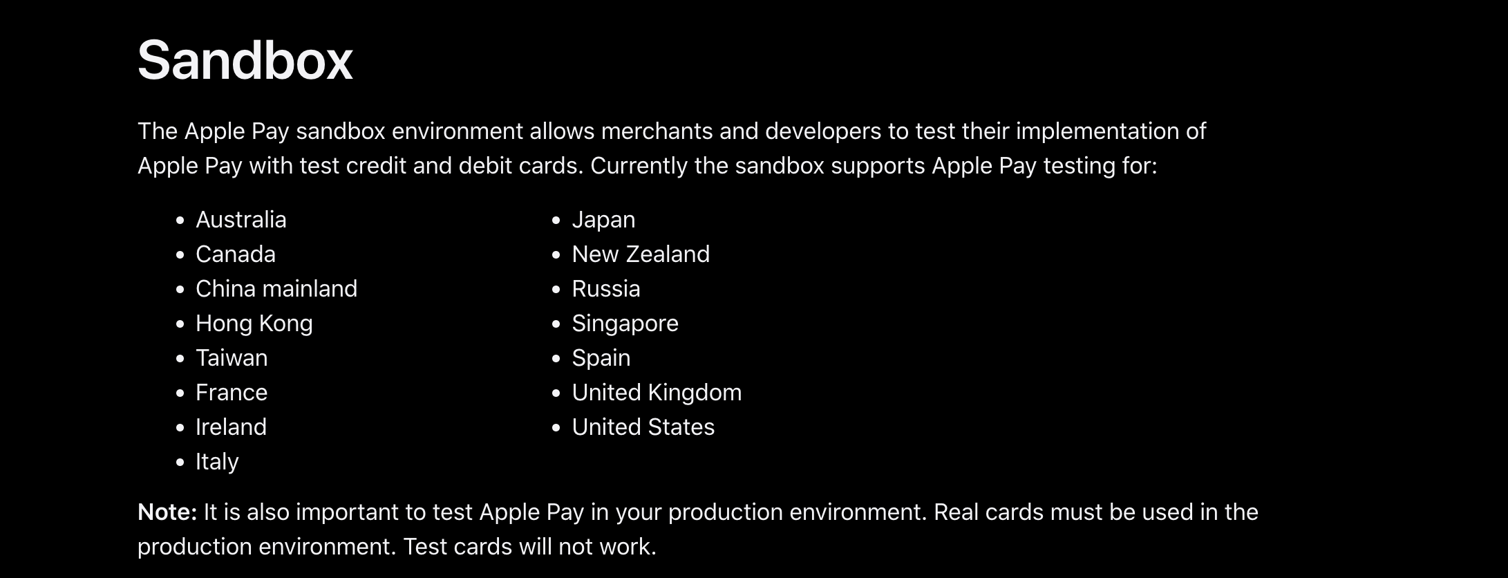 Apple Pay supported sandbox countries